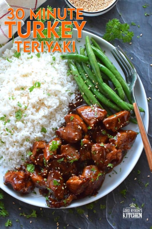 Boneless skinless turkey thighs are seasoned in a basic marinade and pan fried until golden brown and tender. Tossed in a quick homemade sauce, 30 Minute Turkey Teriyaki is a fresh approach to preparing heart-healthy turkey. It's so easy, so fast, and so delicious, so why serve turkey only at Thanksgiving!? #30minutemeals #turkey #teriyaki #turkeyrecipes
