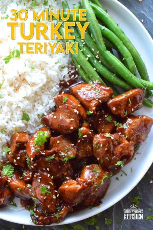 Boneless skinless turkey thighs are seasoned in a basic marinade and pan fried until golden brown and tender. Tossed in a quick homemade sauce, 30 Minute Turkey Teriyaki is a fresh approach to preparing heart-healthy turkey. It's so easy, so fast, and so delicious, so why serve turkey only at Thanksgiving!? #30minutemeals #turkey #teriyaki #turkeyrecipes