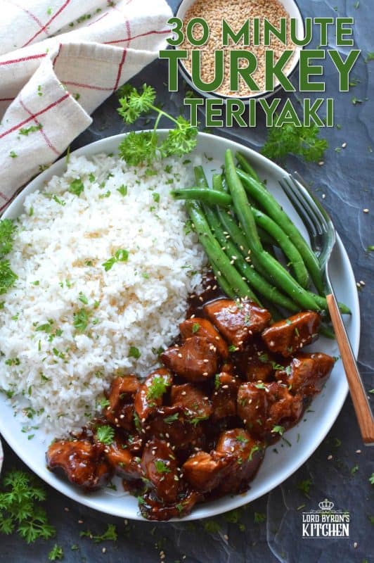 Boneless skinless turkey thighs are seasoned in a basic marinade and pan fried until golden brown and tender. Tossed in a quick homemade sauce, 30 Minute Turkey Teriyaki is a fresh approach to preparing heart-healthy turkey. It's so easy, so fast, and so delicious, so why serve turkey only at Thanksgiving!? #30minutemeals #turkey #teriyaki #turkeyrecipes