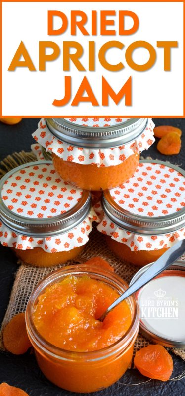 Thick, tart, and sweet, Dried Apricot Jam is great on toast, smeared onto scones, or baked into thumbprint cookies! Dried apricots make it very quick and easy to make jam, because there is very little moisture content, so the jam comes together without excessive simmering time. #preserves #apricot #dried #fruit #jam