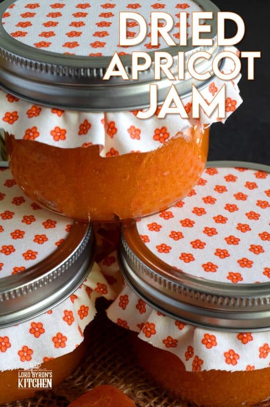 Thick, tart, and sweet, Dried Apricot Jam is great on toast, smeared onto scones, or baked into thumbprint cookies! Dried apricots make it very quick and easy to make jam, because there is very little moisture content, so the jam comes together without excessive simmering time. #preserves #apricot #dried #fruit #jam