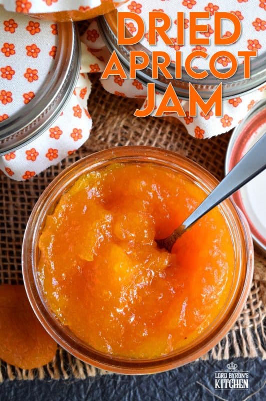 Thick, tart, and sweet, Dried Apricot Jam is great on toast, smeared onto scones, or baked into thumbprint cookies! Dried apricots make it very quick and easy to make jam, because there is very little moisture content, so the jam comes together without excessive simmering time. #preserves #apricot #dried #fruit #jam