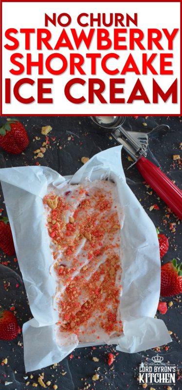 Strawberry Shortcake Ice Cream the easy way - no churn! Simple ingredients and an even simpler preparation process, this ice cream can stock your freezer in no time at all! Made with cream, real strawberries, and a good helping of shortcake crumbs, who's up for a big bowl of this delicious frozen treat? #strawberry #icecream #nochurn #strawberryshortcake #homemade