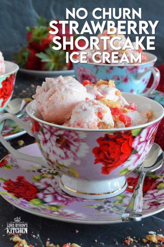 Strawberry Shortcake Ice Cream the easy way - no churn! Simple ingredients and an even simpler preparation process, this ice cream can stock your freezer in no time at all! Made with cream, real strawberries, and a good helping of shortcake crumbs, who's up for a big bowl of this delicious frozen treat? #strawberry #icecream #nochurn #strawberryshortcake #homemade