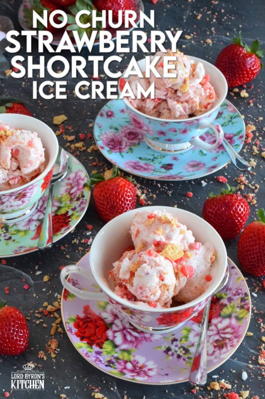 Strawberry Shortcake Ice Cream the easy way - no churn! Simple ingredients and an even simpler preparation process, this ice cream can stock your freezer in no time at all! Made with cream, real strawberries, and a good helping of shortcake crumbs, who's up for a big bowl of this delicious frozen treat? #strawberry #icecream #nochurn #strawberryshortcake #homemade