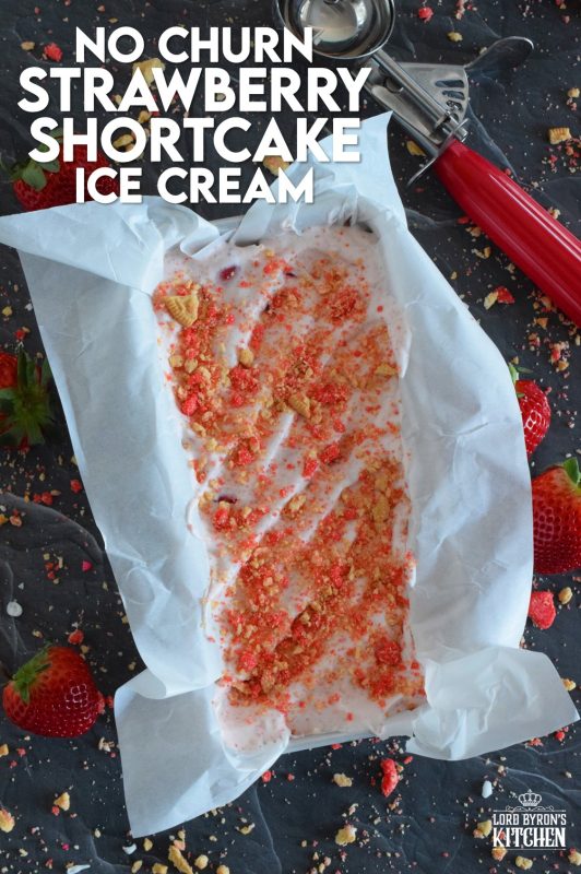 Strawberry Shortcake Ice Cream the easy way - no churn! Simple ingredients and an even simpler preparation process, this ice cream can stock your freezer in no time at all! Made with cream, real strawberries, and a good helping of shortcake crumbs, who's up for a big bowl of this delicious frozen treat? #strawberry #icecream #nochurn #strawberryshortcake #homemade