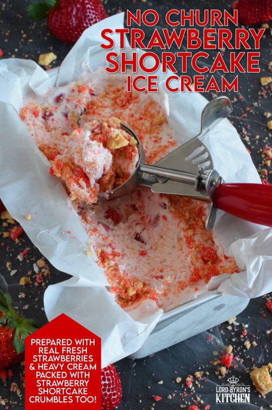 Strawberry Shortcake Ice Cream the easy way - no churn! Simple ingredients and an even simpler preparation process, this ice cream can stock your freezer in no time at all! Made with cream, real strawberries, and a good helping of shortcake crumbs, who's up for a big bowl of this delicious frozen treat? #strawberry #icecream #nochurn #strawberryshortcake #homemade