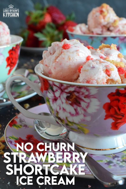 Strawberry Shortcake Ice Cream the easy way - no churn! Simple ingredients and an even simpler preparation process, this ice cream can stock your freezer in no time at all! Made with cream, real strawberries, and a good helping of shortcake crumbs, who's up for a big bowl of this delicious frozen treat? #strawberry #icecream #nochurn #strawberryshortcake #homemade