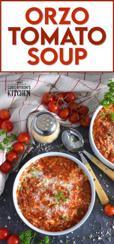 With a creamy tomato base, and its homey and comforting flavour, Orzo Tomato Soup is prepared in thirty minutes and is gloriously delicious! Packed with chopped tomatoes, onion, garlic, and pasta, this soup is both hearty and comforting - a perfect supper on a cold, winter weeknight! #soup #orzo #pasta #tomato