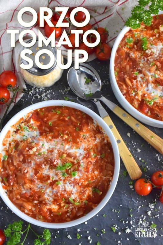 With a creamy tomato base, and its homey and comforting flavour, Orzo Tomato Soup is prepared in thirty minutes and is gloriously delicious! Packed with chopped tomatoes, onion, garlic, and pasta, this soup is both hearty and comforting - a perfect supper on a cold, winter weeknight! #soup #orzo #pasta #tomato