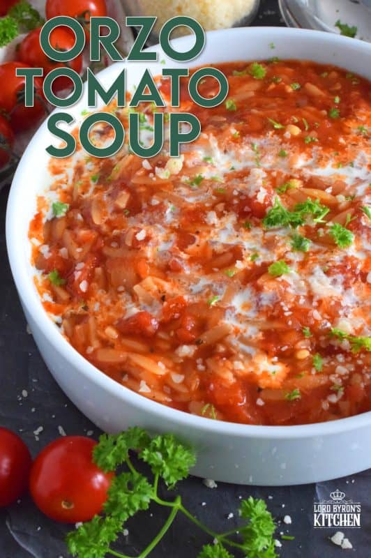 With a creamy tomato base, and its homey and comforting flavour, Orzo Tomato Soup is prepared in thirty minutes and is gloriously delicious! Packed with chopped tomatoes, onion, garlic, and pasta, this soup is both hearty and comforting - a perfect supper on a cold, winter weeknight! #soup #orzo #pasta #tomato