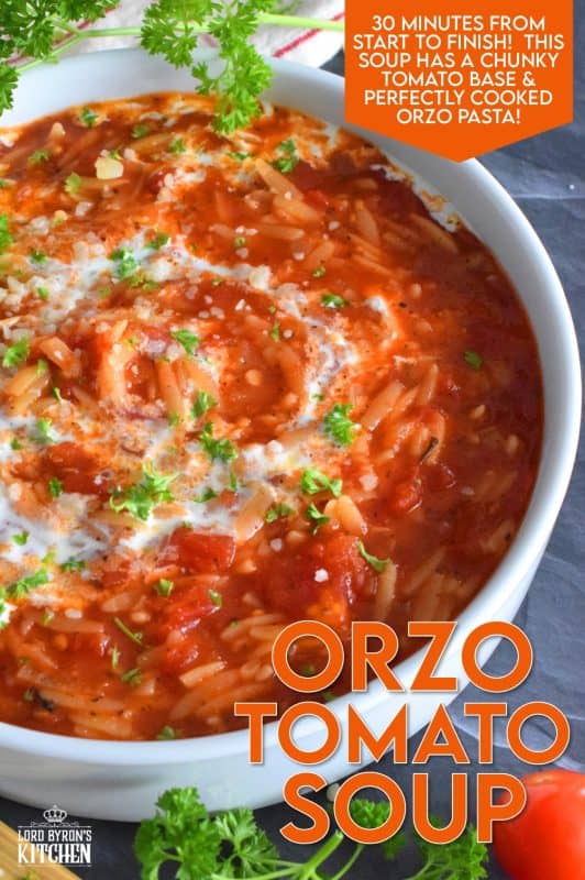 With a creamy tomato base, and its homey and comforting flavour, Orzo Tomato Soup is prepared in thirty minutes and is gloriously delicious! Packed with chopped tomatoes, onion, garlic, and pasta, this soup is both hearty and comforting - a perfect supper on a cold, winter weeknight! #soup #orzo #pasta #tomato