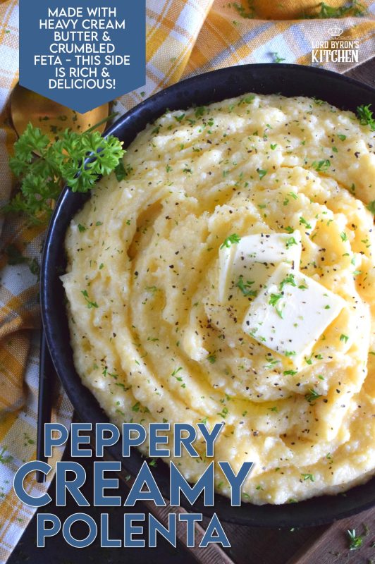 In colder months, one craves food that is heavier and heartier. Peppery Creamy Polenta is certainly that type of food. It is warming and comforting, and prepared with lots of fresh ground black pepper, butter, and cheese. A perfect winter side, especially when served with beef! #polenta #grits #creamy #cornmeal #sides #vegetarian #sidedishes