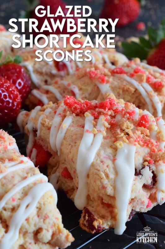 Glazed Strawberry Shortcake Scones have triple the strawberry flavour for the absolute most strawberry-esque scone ever! Packed with real strawberries, strawberry shortcake crumble, and strawberry extract, these are a tasty and delightful sweet treat! #strawberry #shortcake #strawberryshortcake #scones #dried #fresh