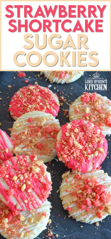 The uncomplicated and delicious sugar cookie gets a fresh, new flavour profile, and an upgrade in this Strawberry Shortcake Sugar Cookies recipe. A classic sugar cookie base is topped with a simple glaze and sprinkled with homemade shortcake crumbs. These would make a great giftable dessert idea for Valentine's Day! #strawberry #shortcake #sugarcookies #cookies #strawberryshortcake #valentine