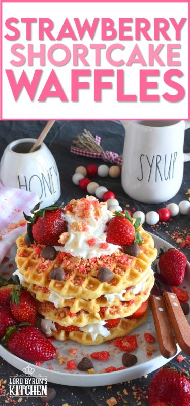 Light and airy Strawberry Shortcake Waffles make a perfect weekend brunch item! Prepared with delicious homemade waffles and layered with whipped cream, sliced fresh strawberries, strawberry shortcake crumbs, and syrup, this is one scrumptiously impressive and flavourful treat! #waffles #strawberries #strawberry #shortcake #strawberryshortcake #brunch #stacked