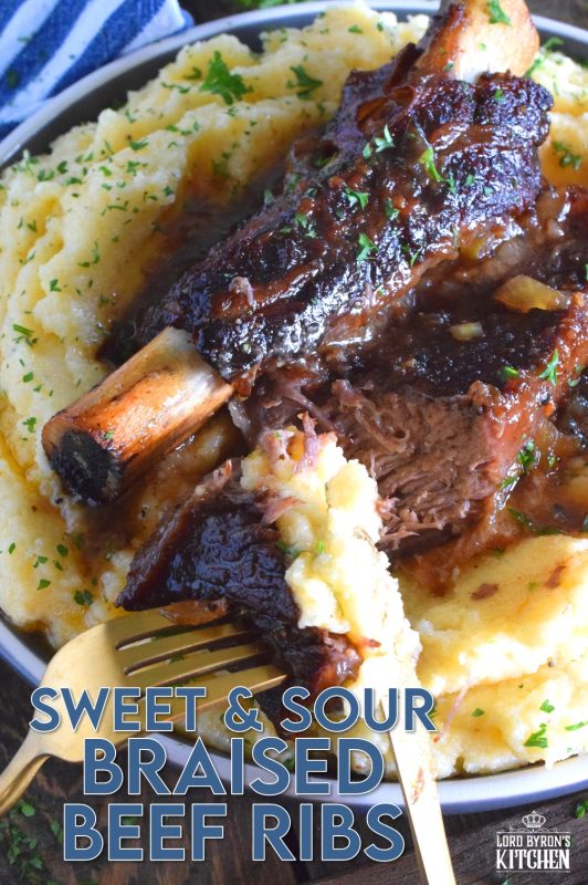 There's just no beating the flavour combination of sweet and sour; it's simple, inexpensive, rustic, and delicious. Sweet and Sour Braised Beef Ribs are easy to prepare and delightfully indulgent! #beefribs #shortribs #sweetandsour #braised #braising #ribs