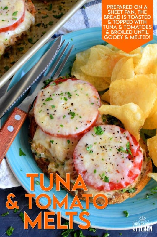Looking for new ways to use canned tuna? Look no further! Tuna and Tomato Melts are our new family favourite weeknight dinner! All you need is a baking sheet, so there's very little clean up. Serve with a side of kettle chips for a delicious meal! #tuna #sandwiches #dinner #melt #tunamelt