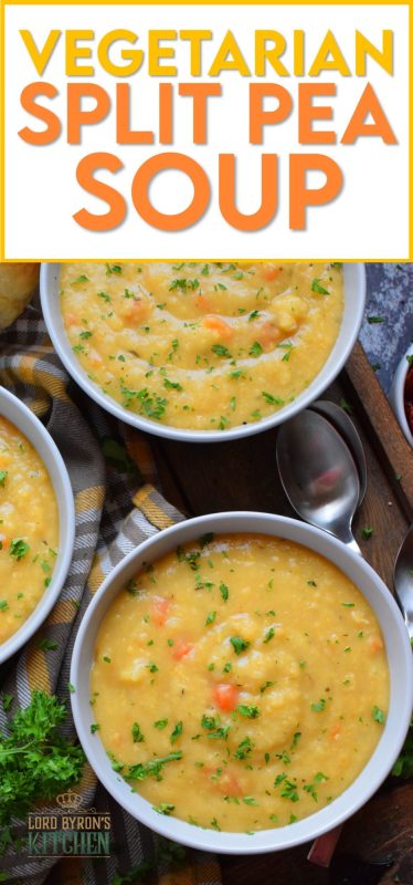 Vegetarian Split Pea Soup is every bit as delicious, wholesome, and nostalgic as the soup your mom made. This is a pantry staple recipe with a few fresh root vegetables. Not looking for vegetarian soup? Add bacon or ham to your soup or serve them both on the side! #soup #splitpea #split #pea #dried #yellow #dumplings #vegetarian