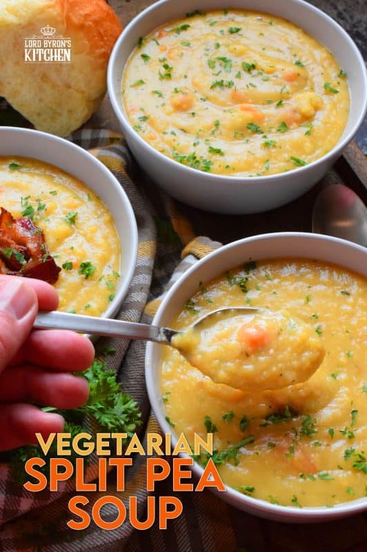 Vegetarian Split Pea Soup is every bit as delicious, wholesome, and nostalgic as the soup your mom made. This is a pantry staple recipe with a few fresh root vegetables. Not looking for vegetarian soup? Add bacon or ham to your soup or serve them both on the side! #soup #splitpea #split #pea #dried #yellow #dumplings #vegetarian