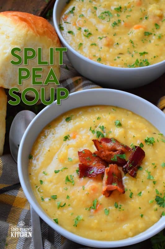 Vegetarian Split Pea Soup is every bit as delicious, wholesome, and nostalgic as the soup your mom made. This is a pantry staple recipe with a few fresh root vegetables. Not looking for vegetarian soup? Add bacon or ham to your soup or serve them both on the side! #soup #splitpea #split #pea #dried #yellow #dumplings #vegetarian