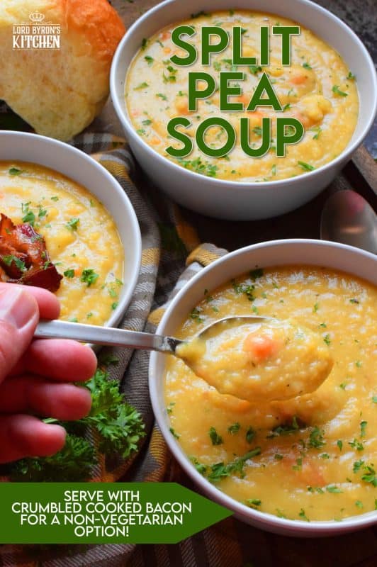 Vegetarian Split Pea Soup is every bit as delicious, wholesome, and nostalgic as the soup your mom made. This is a pantry staple recipe with a few fresh root vegetables. Not looking for vegetarian soup? Add bacon or ham to your soup or serve them both on the side! #soup #splitpea #split #pea #dried #yellow #dumplings #vegetarian