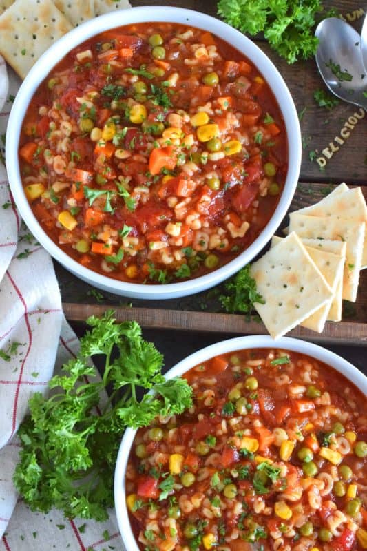 This is my interpretation of the canned Alphabet Vegetable Soup we all grew up with! In this version, however, I'm using whole, real, and fresh ingredients, and increasing the vegetable to pasta ratio. Pictured is a vegetarian version, but there's a beef version in the recipe card below! #soup #alphabetpasta #alphabetsoup #pasta #copycat #campbells