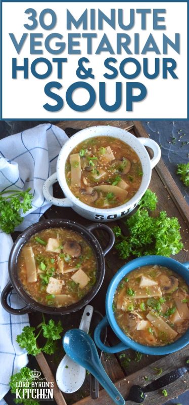 Prepared with mushrooms, bamboo shoots, tofu, and green onions, this 30 Minute Vegetarian Hot and Sour Soup is all you need to keep warm this winter. A popular Chinese buffet starter that everyone loves, this soup is thick and loaded with good-for-you ingredients. #hotandsour #soup #copycat #takeout #tofu