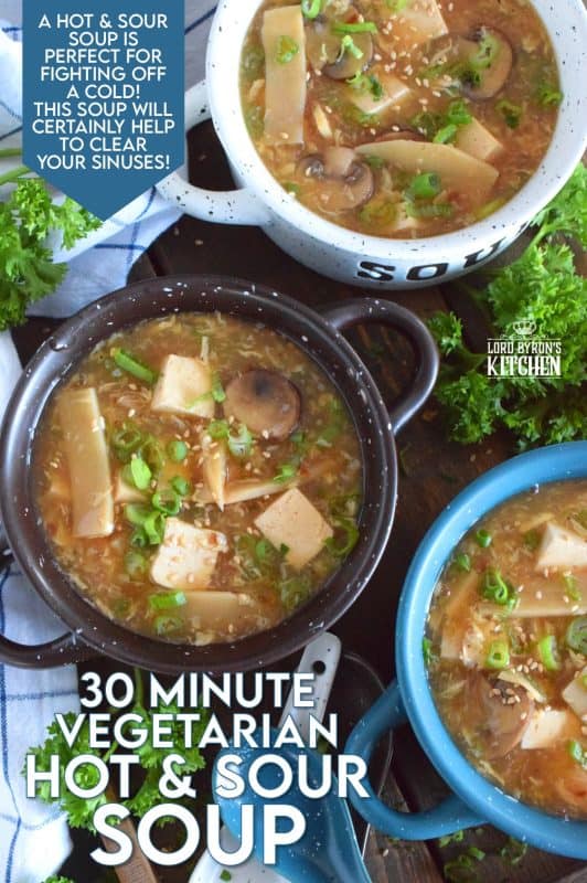 Prepared with mushrooms, bamboo shoots, tofu, and green onions, this 30 Minute Vegetarian Hot and Sour Soup is all you need to keep warm this winter. A popular Chinese buffet starter that everyone loves, this soup is thick and loaded with good-for-you ingredients. #hotandsour #soup #copycat #takeout #tofu