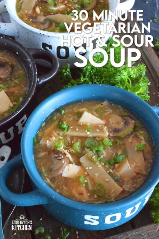 Prepared with mushrooms, bamboo shoots, tofu, and green onions, this 30 Minute Vegetarian Hot and Sour Soup is all you need to keep warm this winter. A popular Chinese buffet starter that everyone loves, this soup is thick and loaded with good-for-you ingredients. #hotandsour #soup #copycat #takeout #tofu