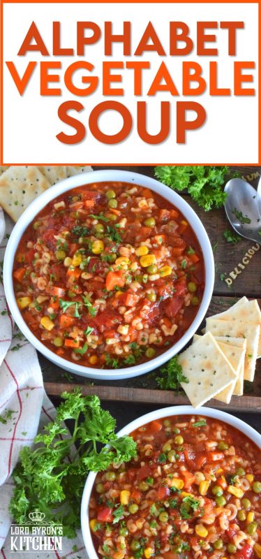 This is my interpretation of the canned Alphabet Vegetable Soup we all grew up with! In this version, however, I'm using whole, real, and fresh ingredients, and increasing the vegetable to pasta ratio. Pictured is a vegetarian version, but there's a beef version in the recipe card below! #soup #alphabetpasta #alphabetsoup #pasta #copycat #campbells