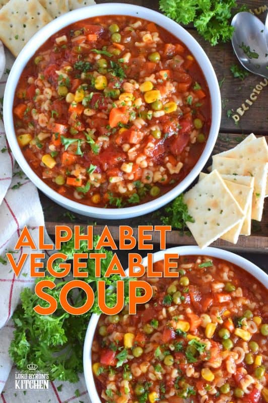 This is my interpretation of the canned Alphabet Vegetable Soup we all grew up with! In this version, however, I'm using whole, real, and fresh ingredients, and increasing the vegetable to pasta ratio. Pictured is a vegetarian version, but there's a beef version in the recipe card below! #soup #alphabetpasta #alphabetsoup #pasta #copycat #campbells