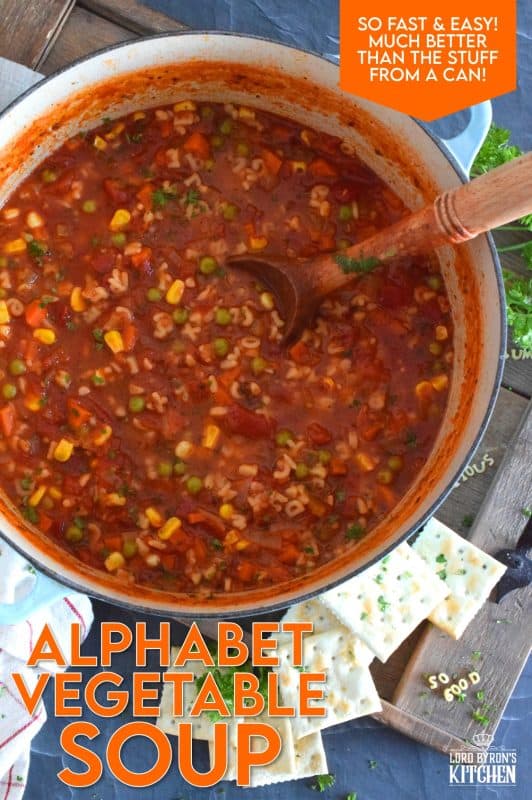 This is my interpretation of the canned Alphabet Vegetable Soup we all grew up with! In this version, however, I'm using whole, real, and fresh ingredients, and increasing the vegetable to pasta ratio. Pictured is a vegetarian version, but there's a beef version in the recipe card below! #soup #alphabetpasta #alphabetsoup #pasta #copycat #campbells