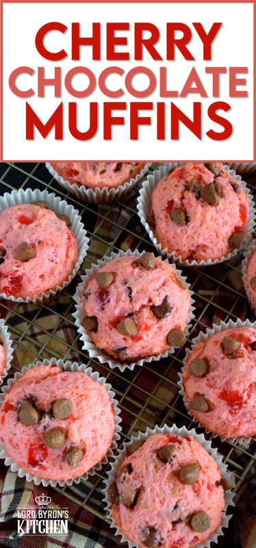 Prepared with a basic muffin recipe, these delicious, pretty pink muffins comes to life with chocolate chips and candied red cherries! #valentines #muffins #cherry #chocolate