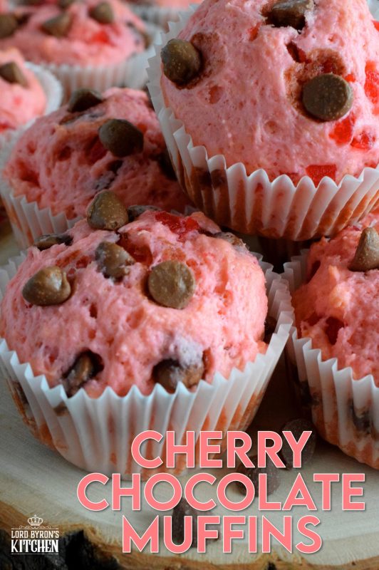 Prepared with a basic muffin recipe, these delicious, pretty pink muffins comes to life with chocolate chips and candied red cherries! #valentines #muffins #cherry #chocolate