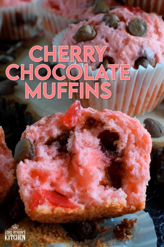 Prepared with a basic muffin recipe, these delicious, pretty pink muffins comes to life with chocolate chips and candied red cherries! #valentines #muffins #cherry #chocolate