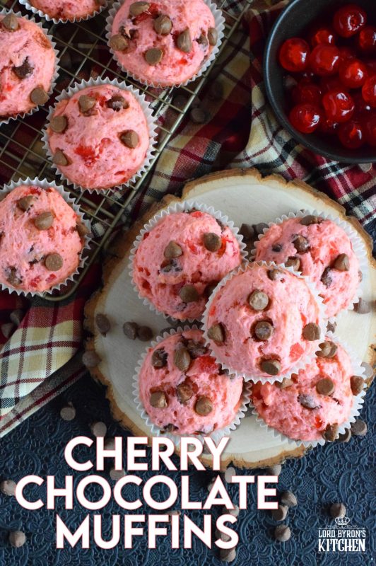 Prepared with a basic muffin recipe, these delicious, pretty pink muffins comes to life with chocolate chips and candied red cherries! #valentines #muffins #cherry #chocolate