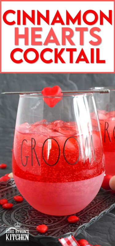 This slightly spicy cocktail is vibrantly red and perfect to share with that special someone on Valentine's Day! Prepared with a homemade, easy-to-make simple syrup made with candy hearts, a good splash of vodka, and club soda, this cocktail is bubbly and has a cozy, warm flavour! #valentines #cocktail #cinnamonhearts #redhots #valentinesday