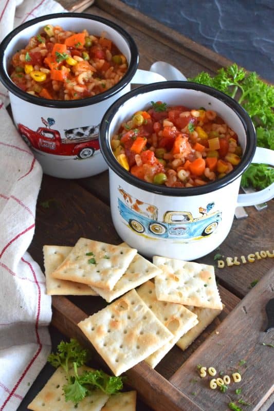 This is my interpretation of the canned Alphabet Vegetable Soup we all grew up with! In this version, however, I'm using whole, real, and fresh ingredients, and increasing the vegetable to pasta ratio. Pictured is a vegetarian version, but there's a beef version in the recipe card below! #soup #alphabetpasta #alphabetsoup #pasta #copycat #campbells