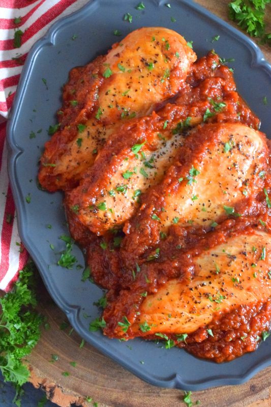 Supper in a hurry just got a whole lot easier! And, as an added bonus, there's very little clean up too! Skillet Salsa Chicken is ready in thirty minutes, uses only one pan, and is simple delicious. Use your favourite salsa to make this quick and easy chicken dinner! #30minutemeals #chicken #salsa #chickenbreast #skilletmeals