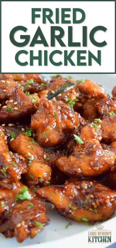 Fried Garlic Chicken is a crispy fried chicken in a thick and savoury garlic sauce; this dish is most certainly for the garlic lover. Prepared with a unique battering technique, and double fried, this chicken is sweet and super garlicky - it's made with twelve cloves of garlic! #garliclovers #garlicky #friedchicken #chicken #thighs
