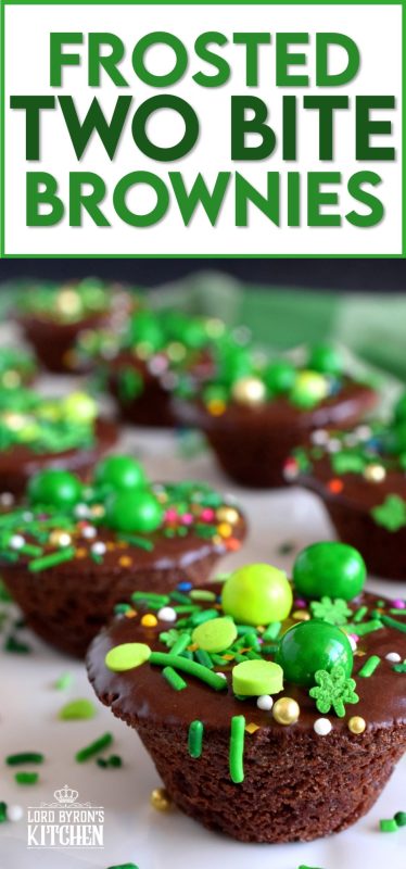 Frosted Two Bite Brownies are for the serious chocolate lover! Dense and moist brownies frosted with the easiest chocolate frosting you'll ever make and topped with sprinkles; you can't eat just one!! #twobite #brownies #frosted #twobitebrownies #stpatricksdayrecipes #greenfood