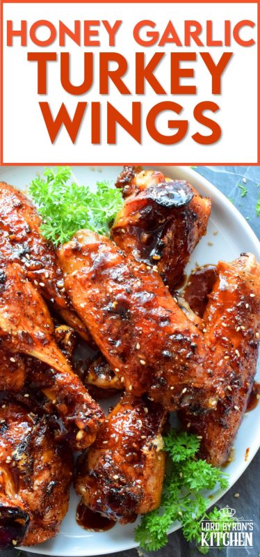 My all-time favourite ingredient combination, which is garlic and honey, are the dominant flavours in these Honey Garlic Turkey Wings. If you ever feel like there's not enough meat on a chicken wing, give turkey wings a try! They are super moist and more filling too!! #honeygarlic #turkey #turkeywings #wings
