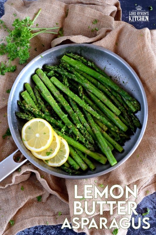Lemon Butter Asparagus is as simple as it gets - gently sautéed asparagus in a little salted butter with lemon juice, lemon zest, and seasoning. It's a side that is bright and refreshing; a perfect spring and summer side! #asparagus #fresh #saute #skillet #lemon #butter #fried