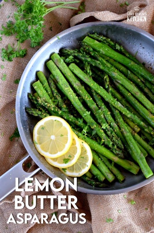 Lemon Butter Asparagus is as simple as it gets - gently sautéed asparagus in a little salted butter with lemon juice, lemon zest, and seasoning. It's a side that is bright and refreshing; a perfect spring and summer side! #asparagus #fresh #saute #skillet #lemon #butter #fried