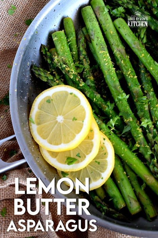 Lemon Butter Asparagus is as simple as it gets - gently sautéed asparagus in a little salted butter with lemon juice, lemon zest, and seasoning. It's a side that is bright and refreshing; a perfect spring and summer side! #asparagus #fresh #saute #skillet #lemon #butter #fried