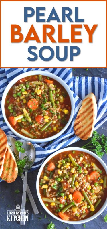 Healthy and hearty soups don’t need to be a bowl of tasteless broth with a few chopped vegetables thrown in for colour!  Pearl Barley Soup is just as delicious as it looks! It is full of good-for-you vegetables and prepared with delicious barley too! #barley #soup #vegetariansoup #barleysoup #pearlbarley