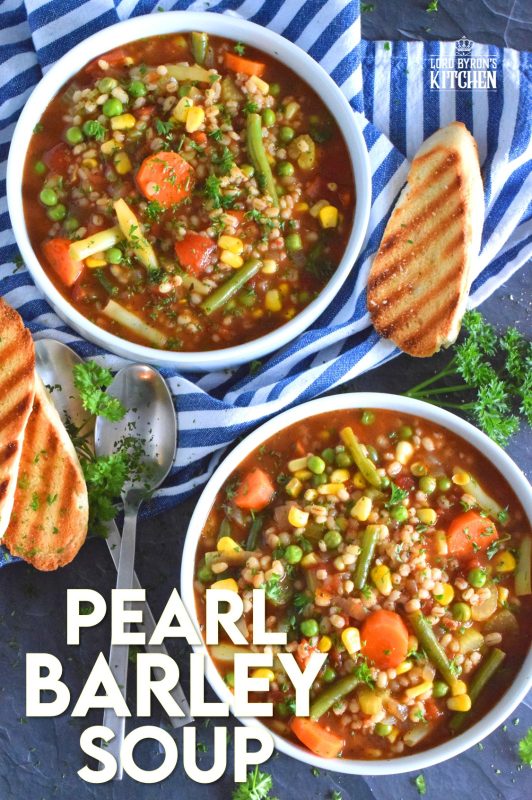 Healthy and hearty soups don’t need to be a bowl of tasteless broth with a few chopped vegetables thrown in for colour!  Pearl Barley Soup is just as delicious as it looks! It is full of good-for-you vegetables and prepared with delicious barley too! #barley #soup #vegetariansoup #barleysoup #pearlbarley