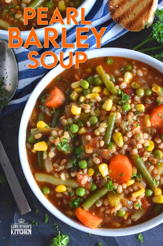 Healthy and hearty soups don’t need to be a bowl of tasteless broth with a few chopped vegetables thrown in for colour!  Pearl Barley Soup is just as delicious as it looks! It is full of good-for-you vegetables and prepared with delicious barley too! #barley #soup #vegetariansoup #barleysoup #pearlbarley