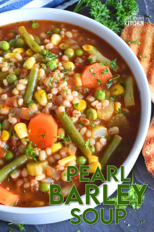 Healthy and hearty soups don’t need to be a bowl of tasteless broth with a few chopped vegetables thrown in for colour!  Pearl Barley Soup is just as delicious as it looks! It is full of good-for-you vegetables and prepared with delicious barley too! #barley #soup #vegetariansoup #barleysoup #pearlbarley